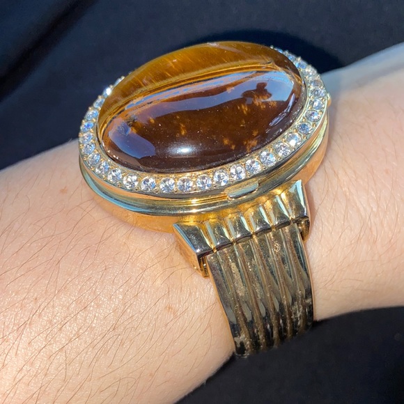 VINTAGE GENEVA Tigers Eye Gemstone bangle Bracelet Cuff watch Quartz Custom - Picture 6 of 16
